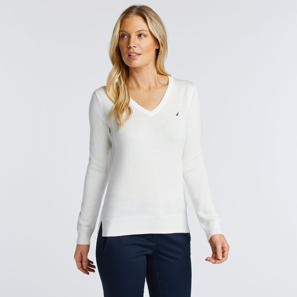 Long Sleeve brand icon V-Neck Sweater,Marshmallow,large