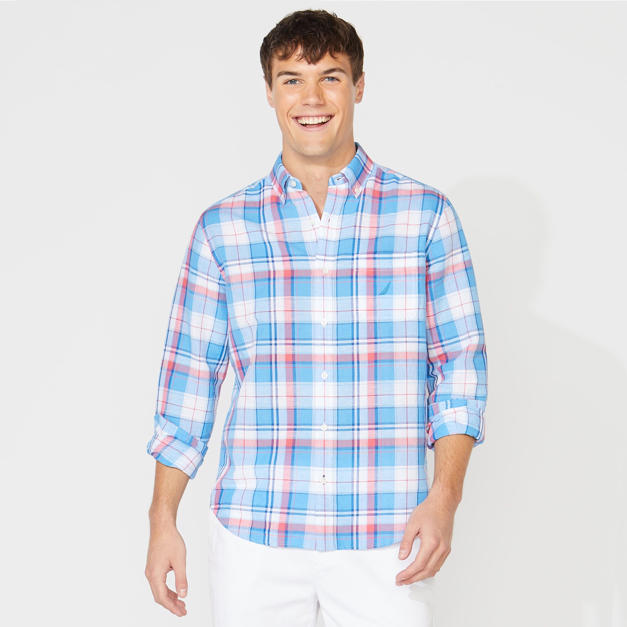 PLAID LINEN SHIRT,Bright White,large