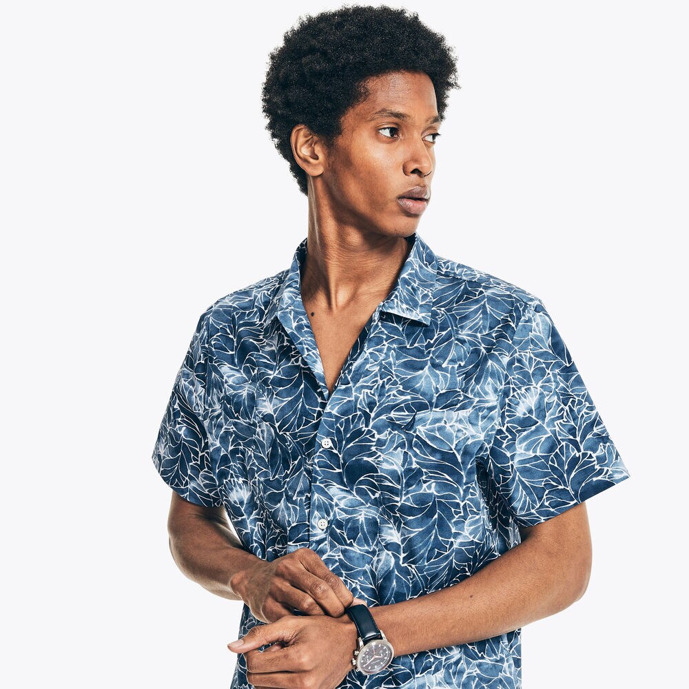 BIG & TALL CLASSIC FIT PRINTED CAMP SHIRT,Estate Blue,large