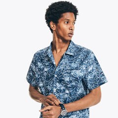 BIG & TALL CLASSIC FIT PRINTED CAMP SHIRT,Estate Blue,large