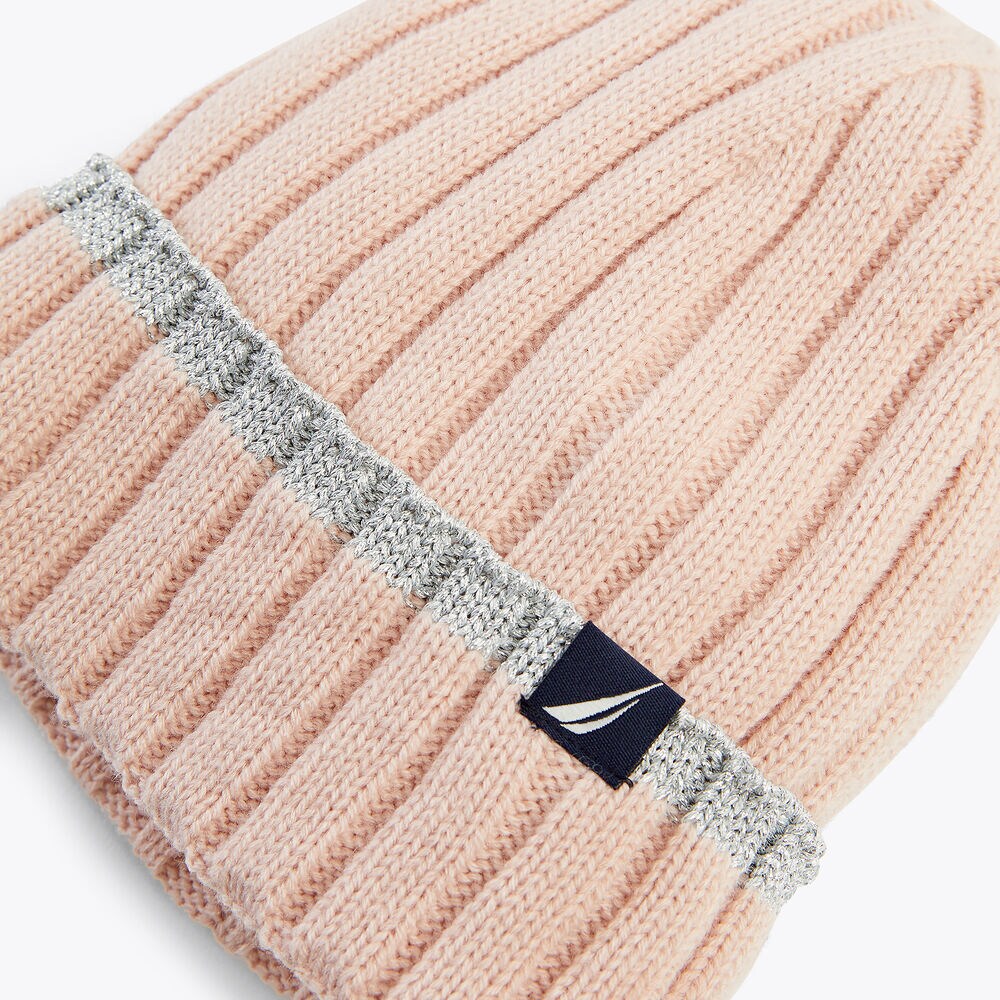 Ribbed Metallic-Tipped Beanie,Petal,large