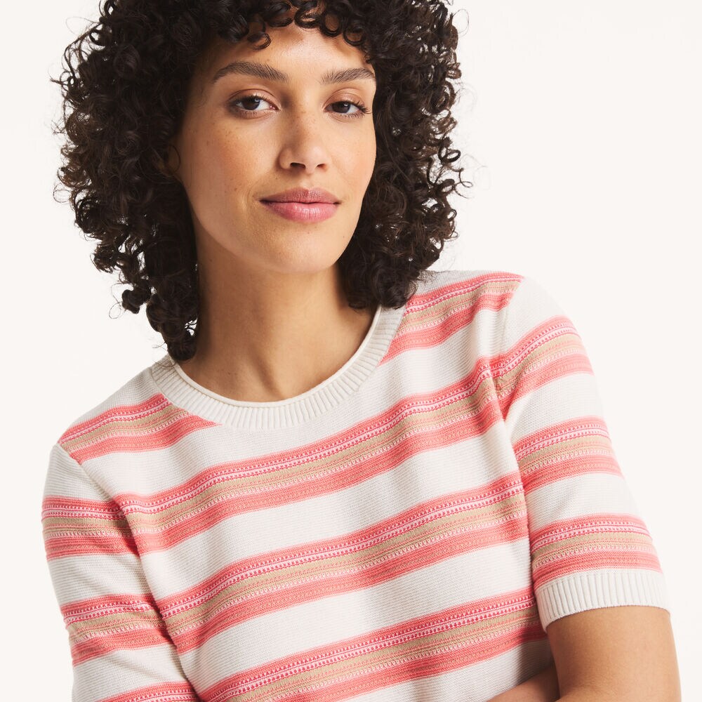 Striped Short-Sleeve Sweater,Sail White,large
