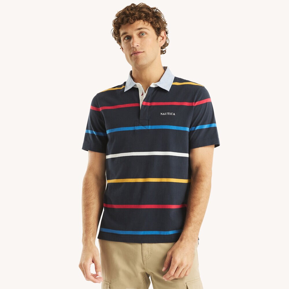 Classic Fit Striped Rugby Polo,Navy,large