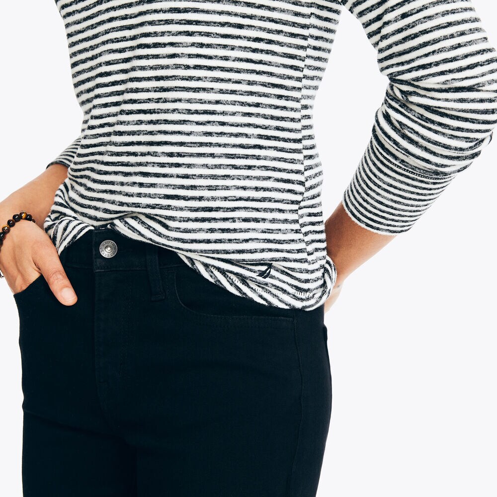 Notch-Neck Striped Long-Sleeve Top,True Black,large