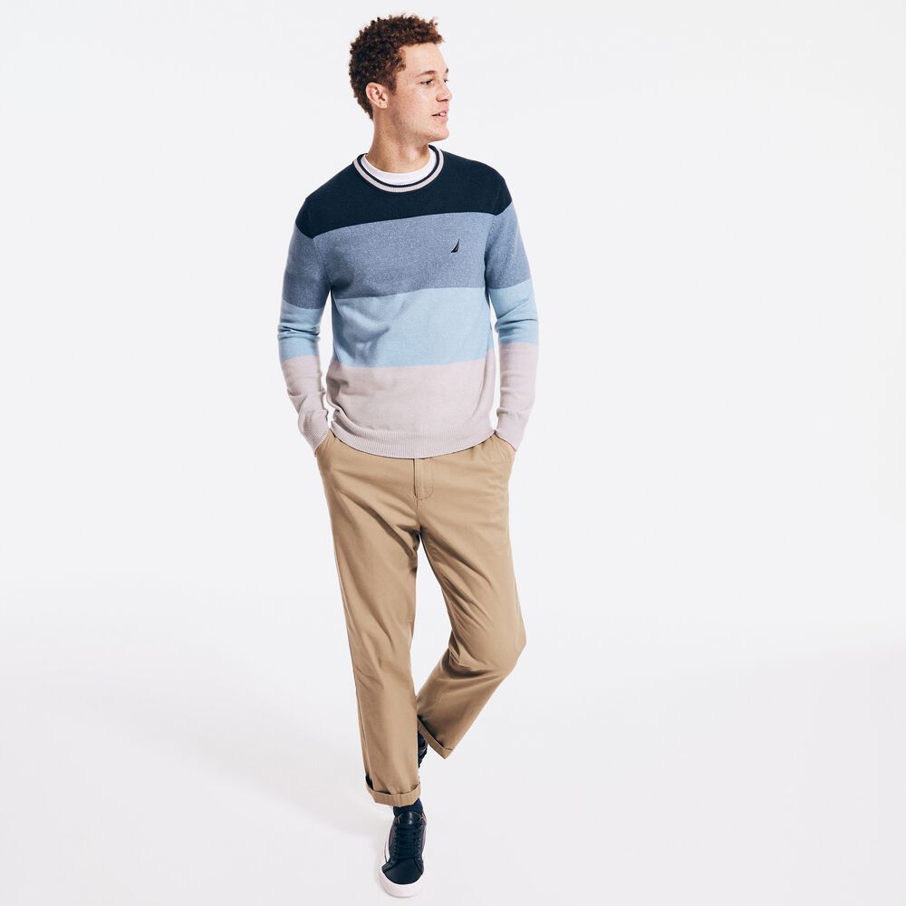 SUSTAINABLY CRAFTED COLORBLOCK SWEATER,Navy,large