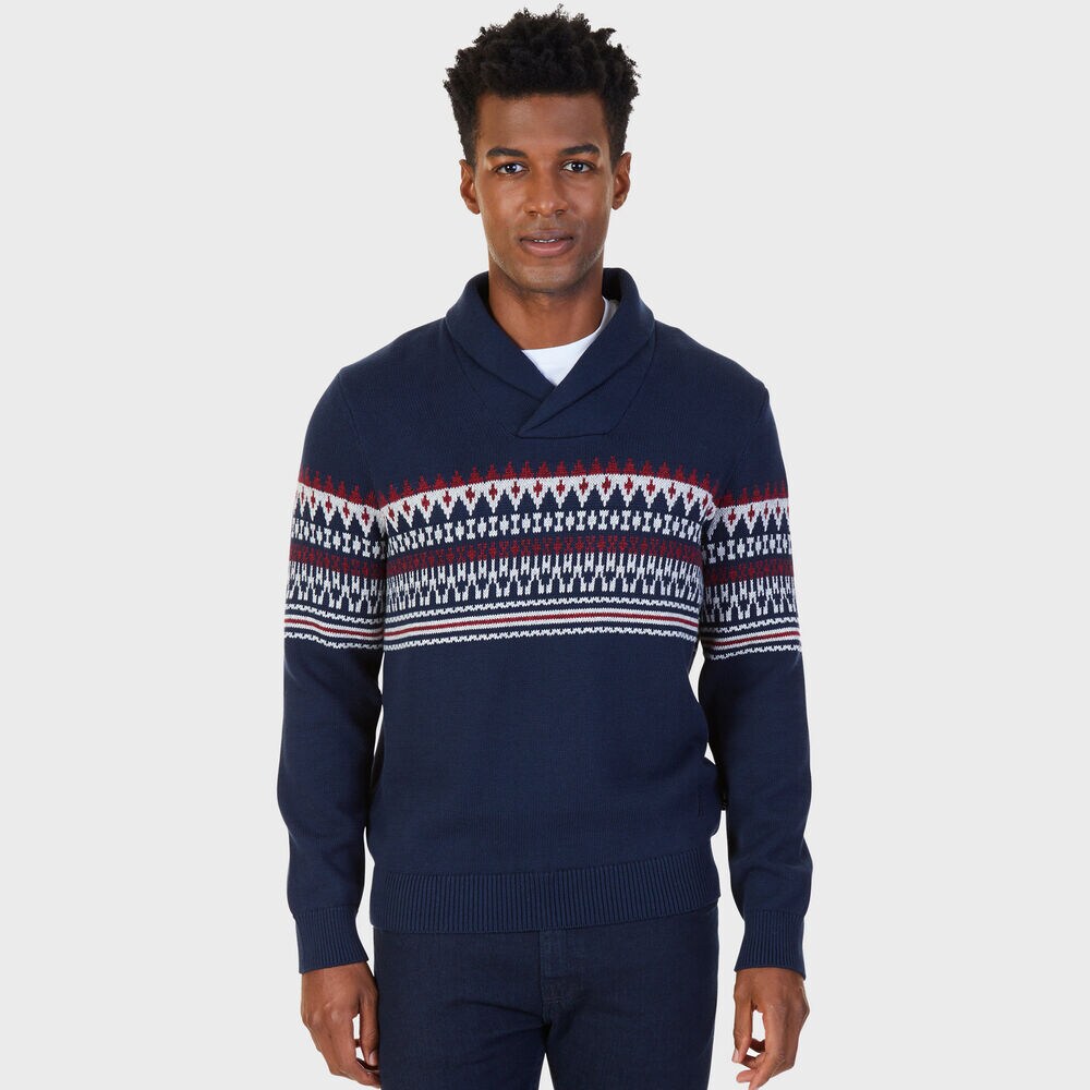 Fairisle Shawl Collar Sweater,True Navy,large