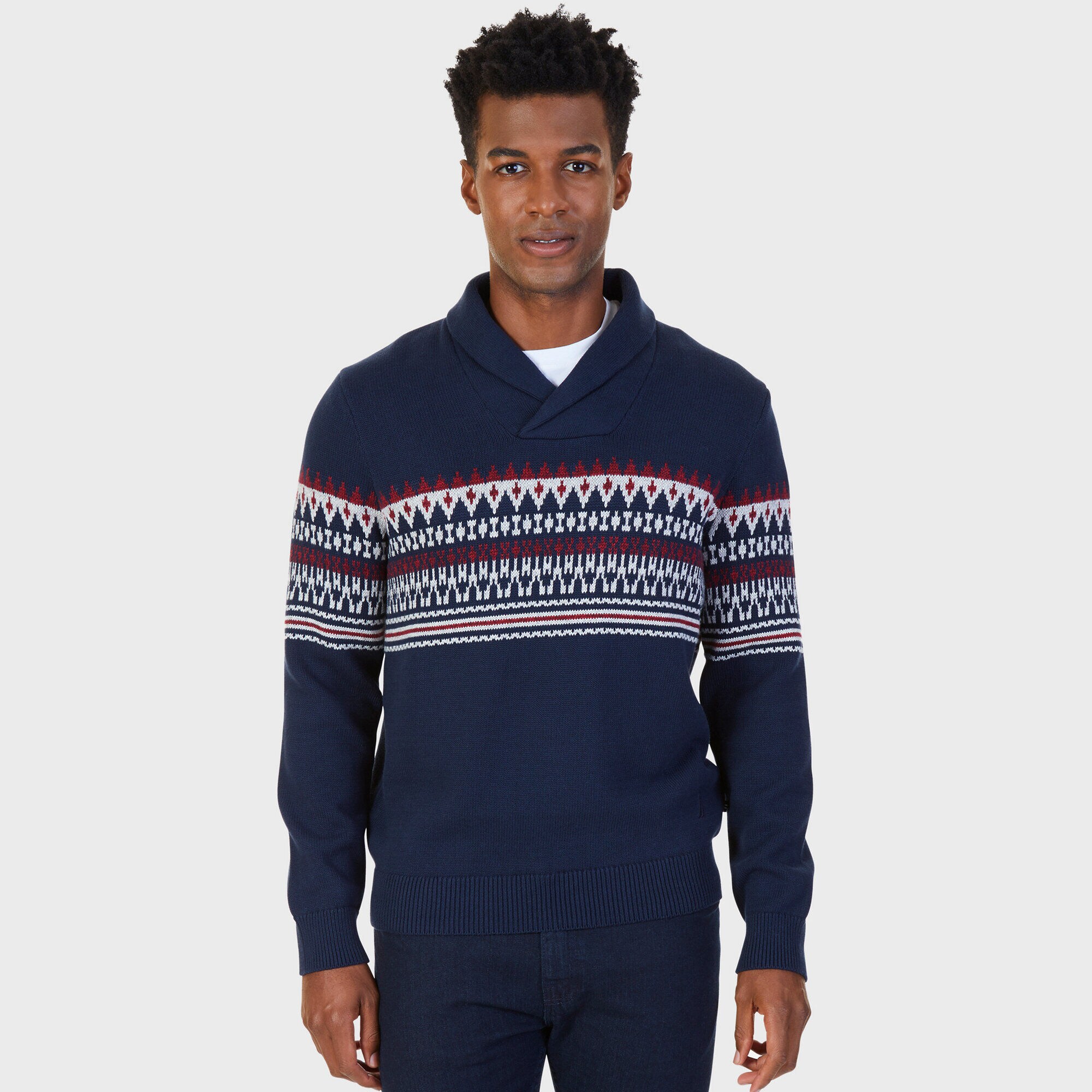 Fairisle Shawl Collar Sweater,True Navy,large