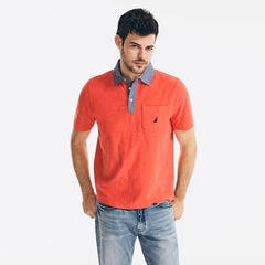 CLASSIC FIT CHAMBRAY-COLLAR POLO,Seaside Red,large