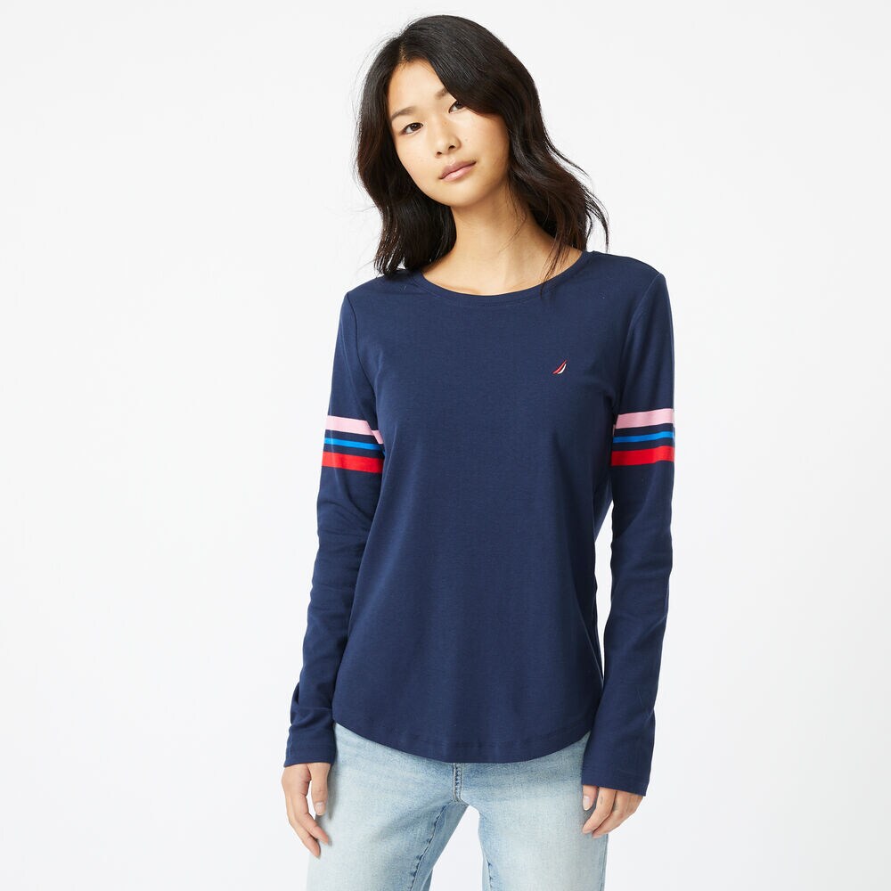 SUSTAINABLY CRAFTED STRIPE-SLEEVE TOP,Stellar Blue Heather,large