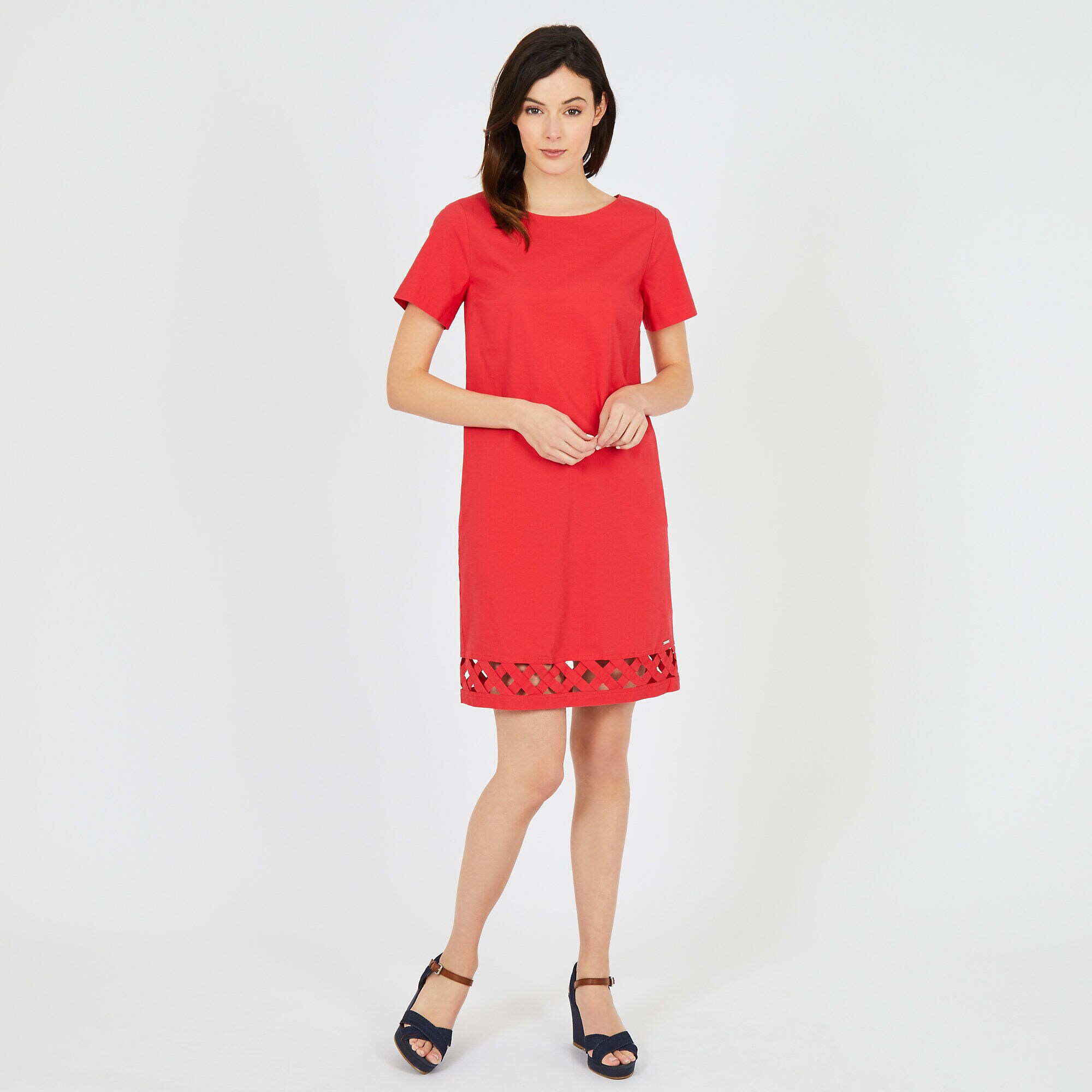 Sheath Dress with Lattice Trim,Buoy Red,large