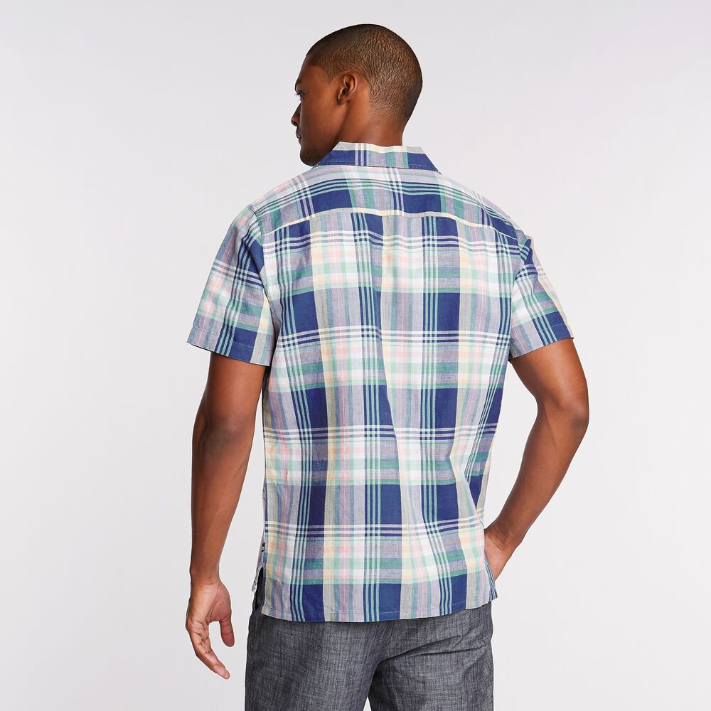 Linen Blend Camp Shirt in Woven Plaid,Limoges,large