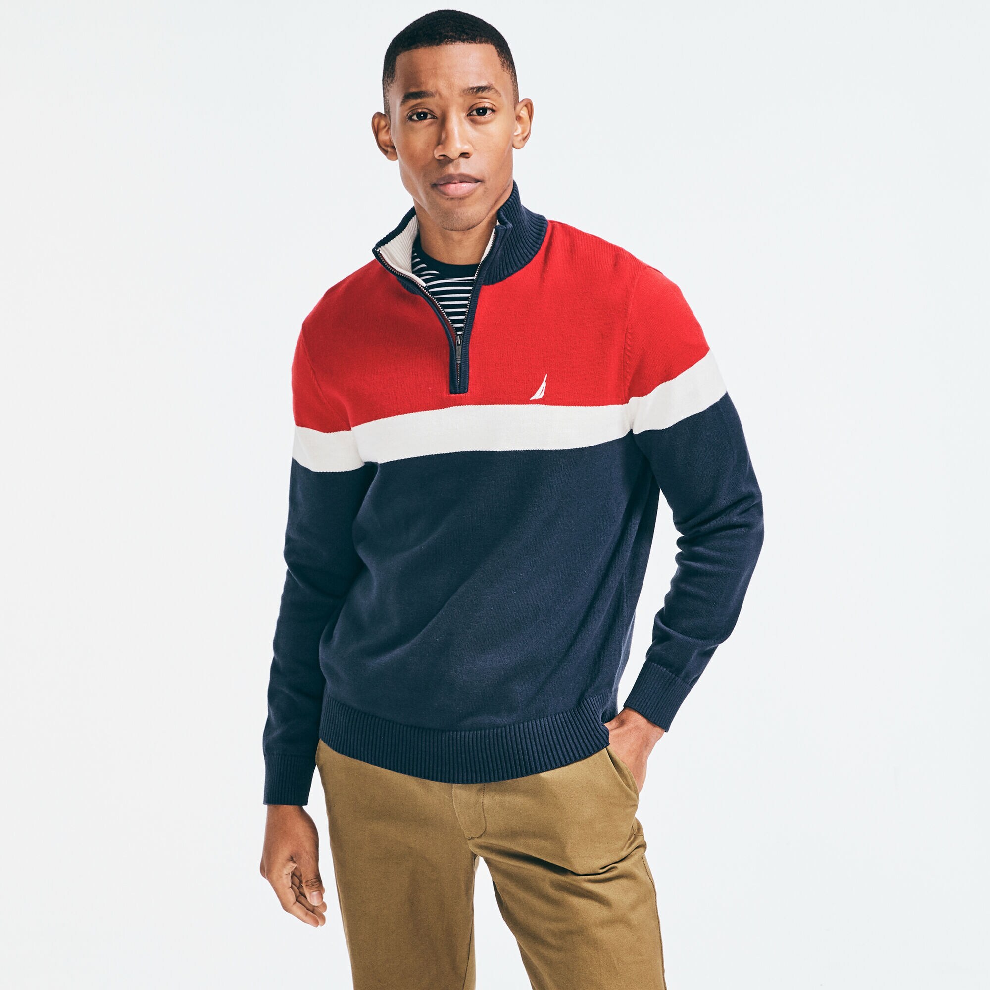 COLORBLOCK QUARTER-ZIP SWEATER,Navy,large