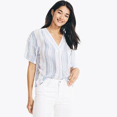 STRIPED V-NECK TOP,Bright White,large