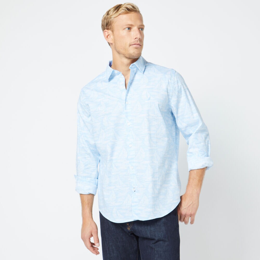 CLASSIC FIT LONG SLEEVE TONAL BOAT PRINT SHIRT,Varsity Blue Wash,large