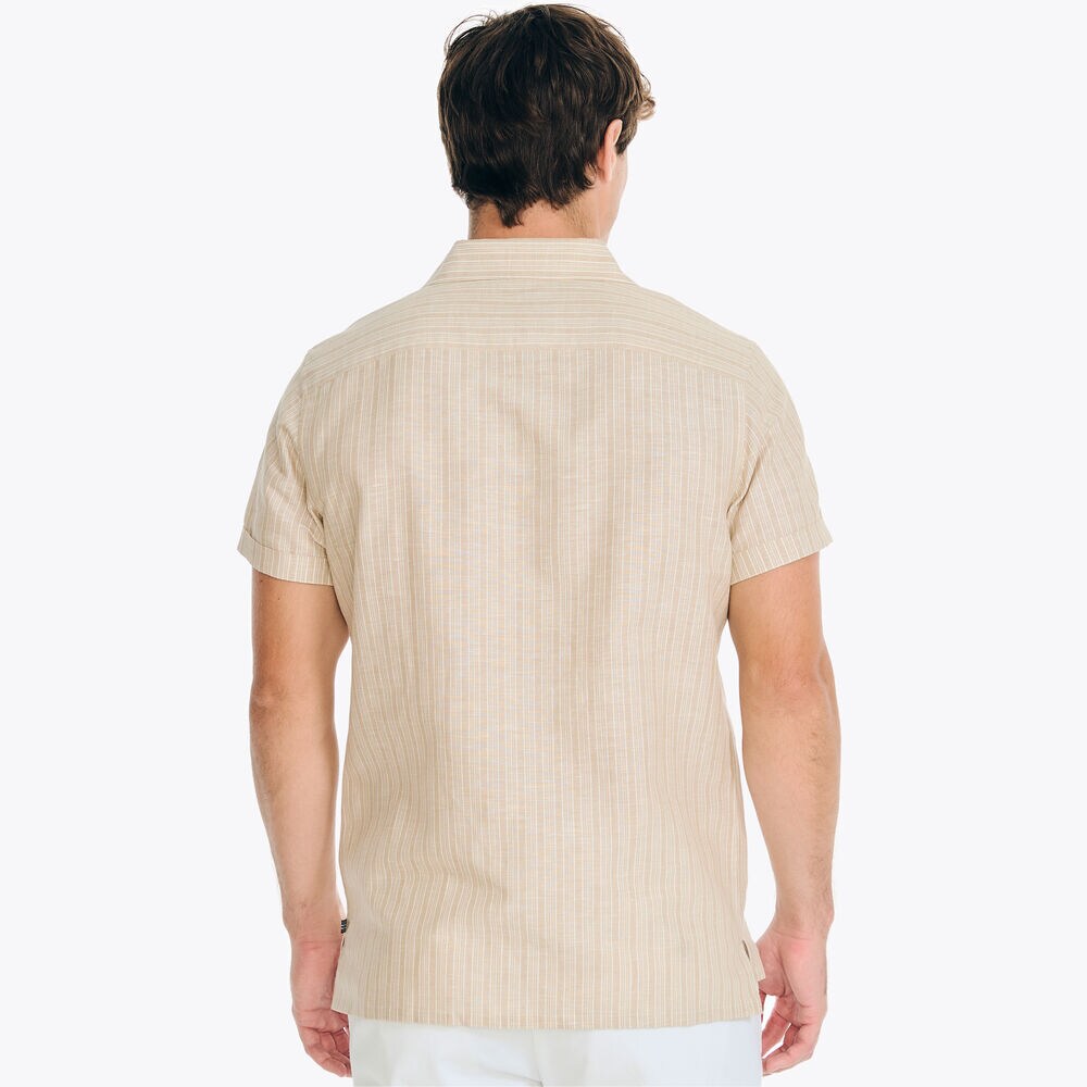 Striped Linen Short-Sleeve Shirt,Dark Brown,large