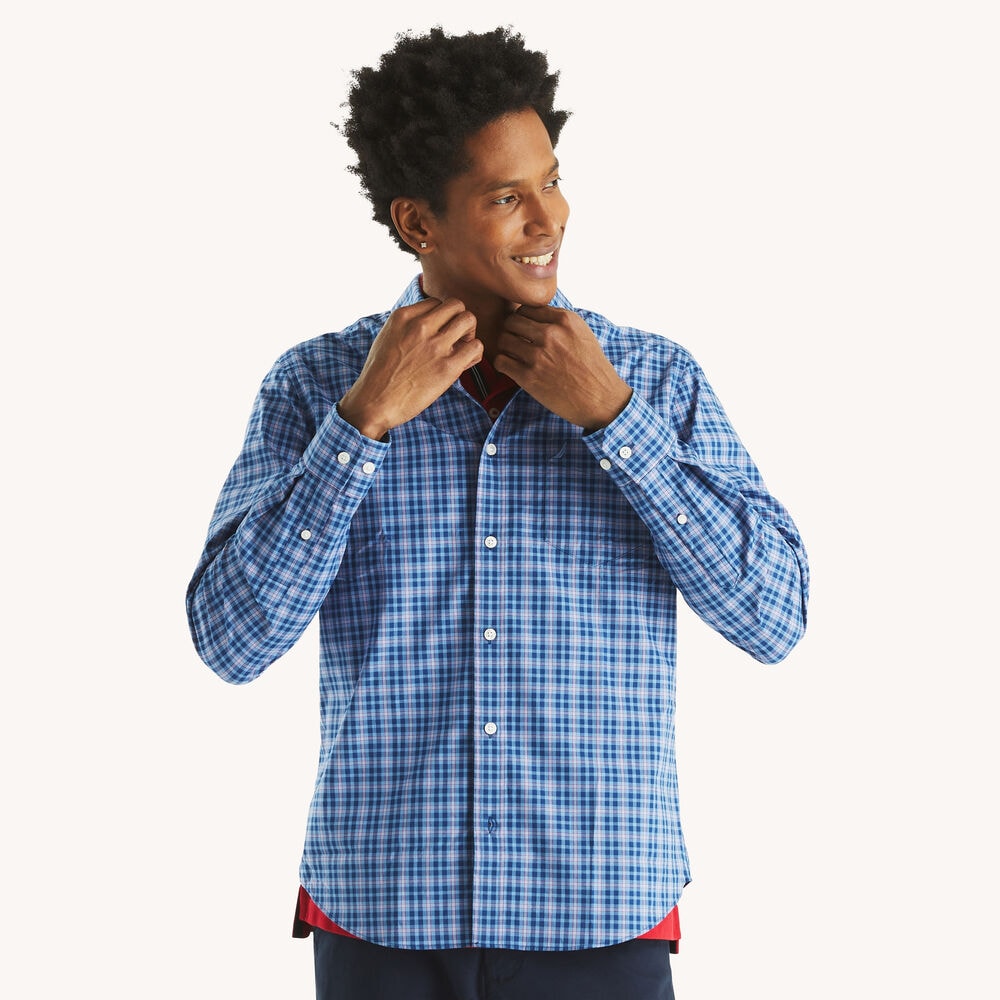Slim Fit Wrinkle-Resistant Plaid Shirt,Estate Blue,large