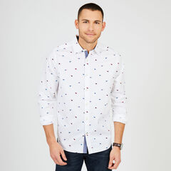 Long Sleeve Classic Fit Waving Flag Shirt,Bright White,large