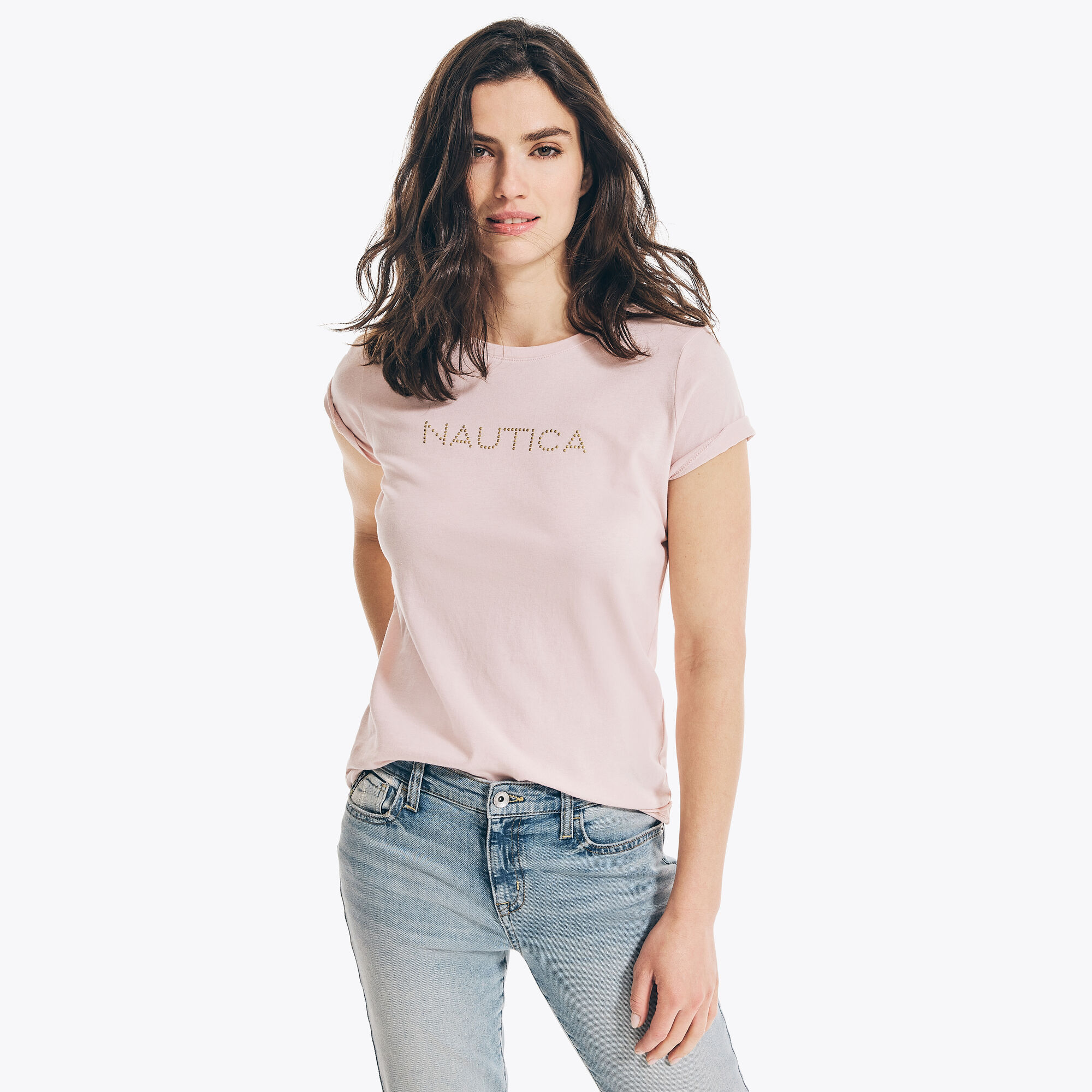 Studded Logo Crewneck T-Shirt,New Pink,large