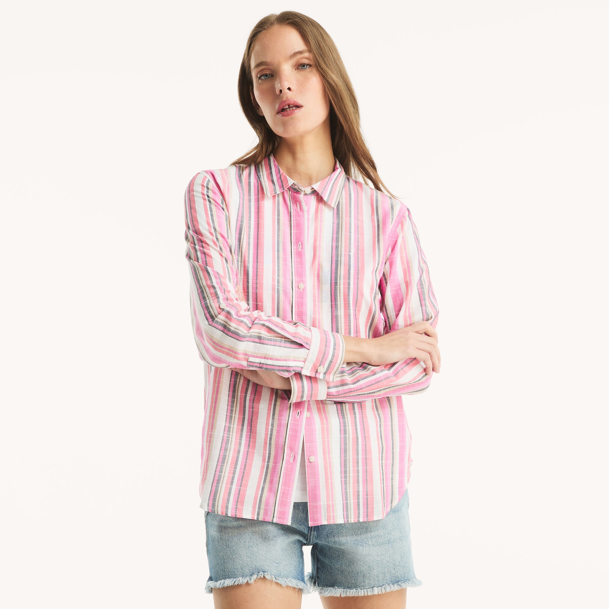 Striped Button-Up Shirt,Hot Pink,large