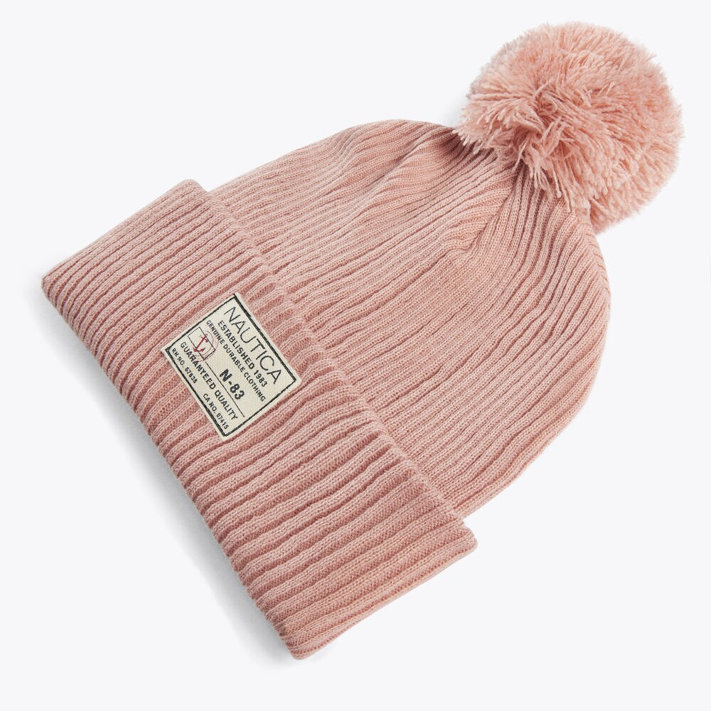 Rib-Knit Pom Hat,Crimson Red,large