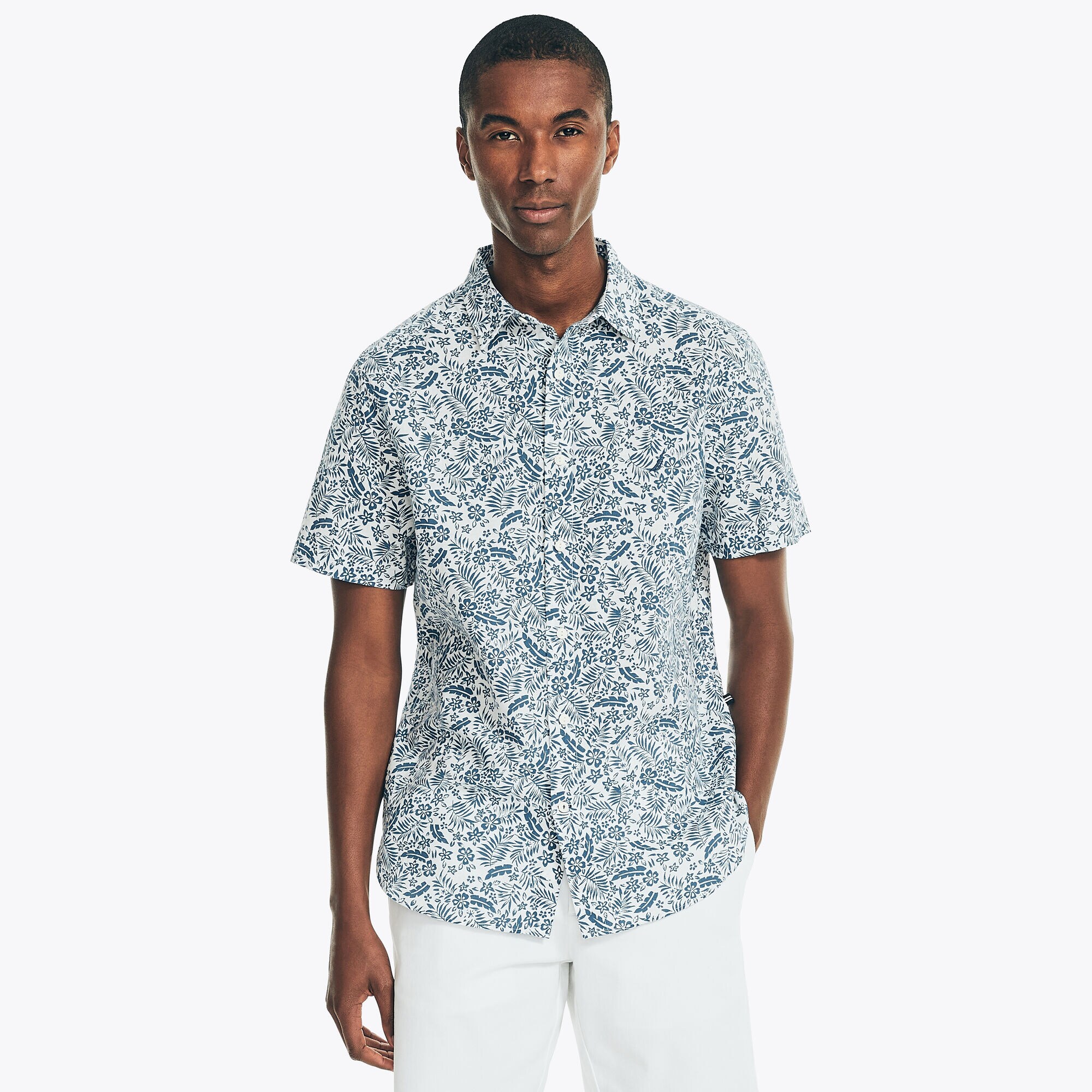 FLORAL PRINT LINEN SHORT-SLEEVE SHIRT,Sail White,large