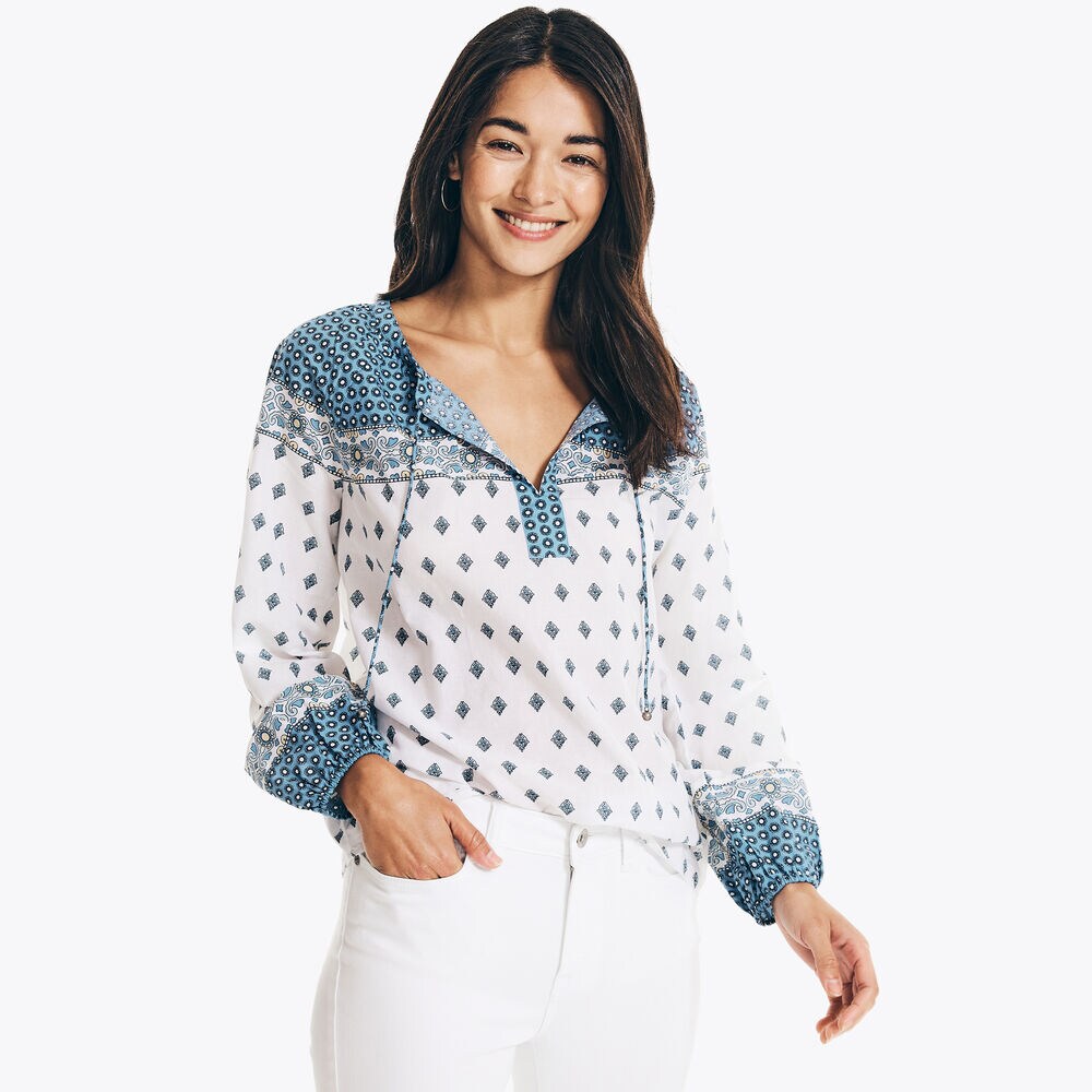 EMBROIDERED SPLIT-NECK TOP,Bright White,large