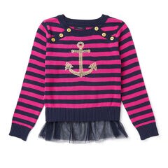 Girls' Striped & Anchor Sweater (8-16),Lure Red Heather,large