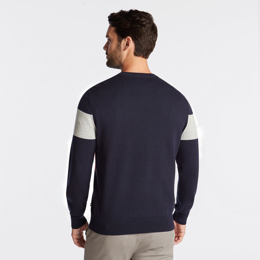 BLOCK STRIPE CREWNECK SWEATER,Navy,large