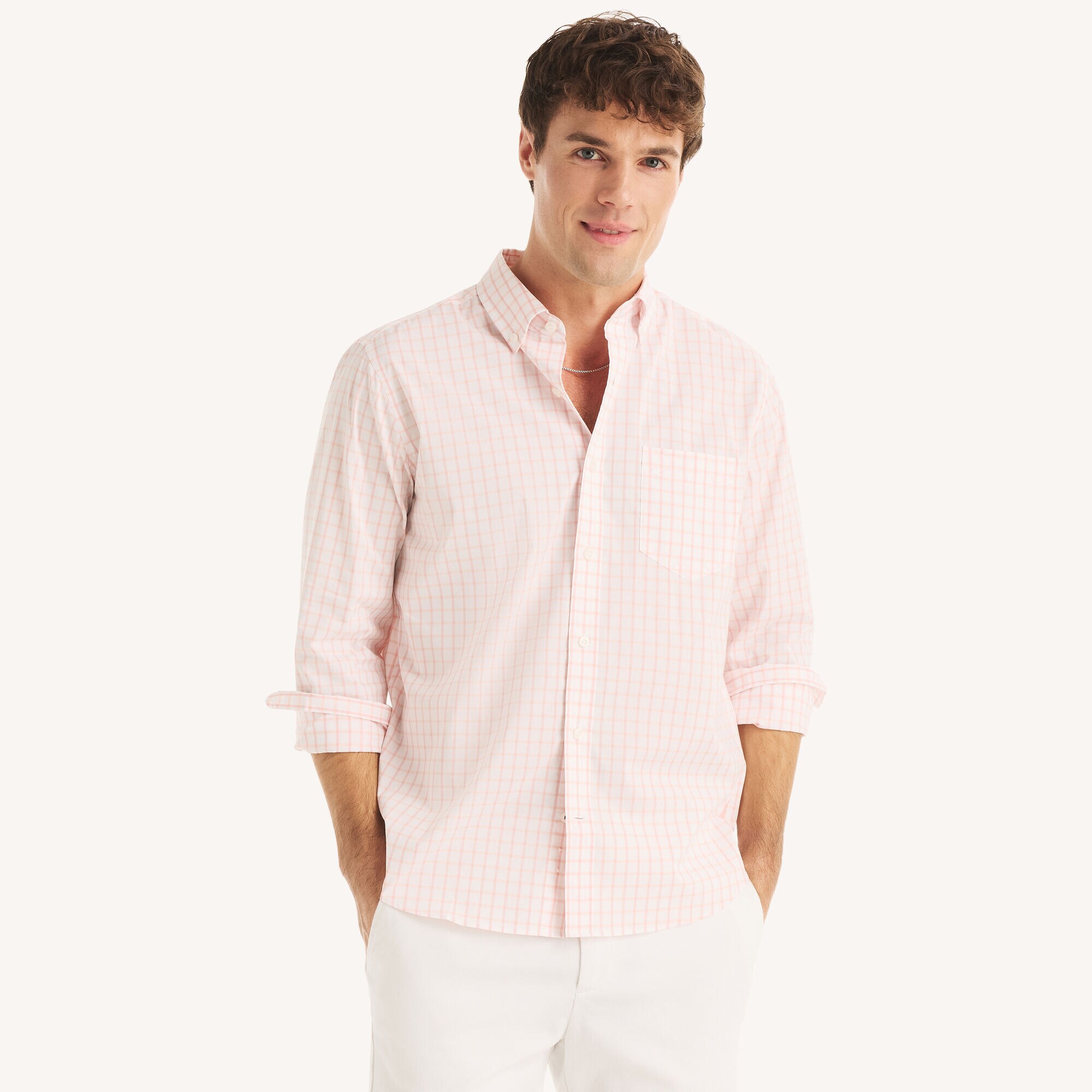 Classic Fit Wrinkle-Resistant Plaid Shirt,Cabana Pink,large