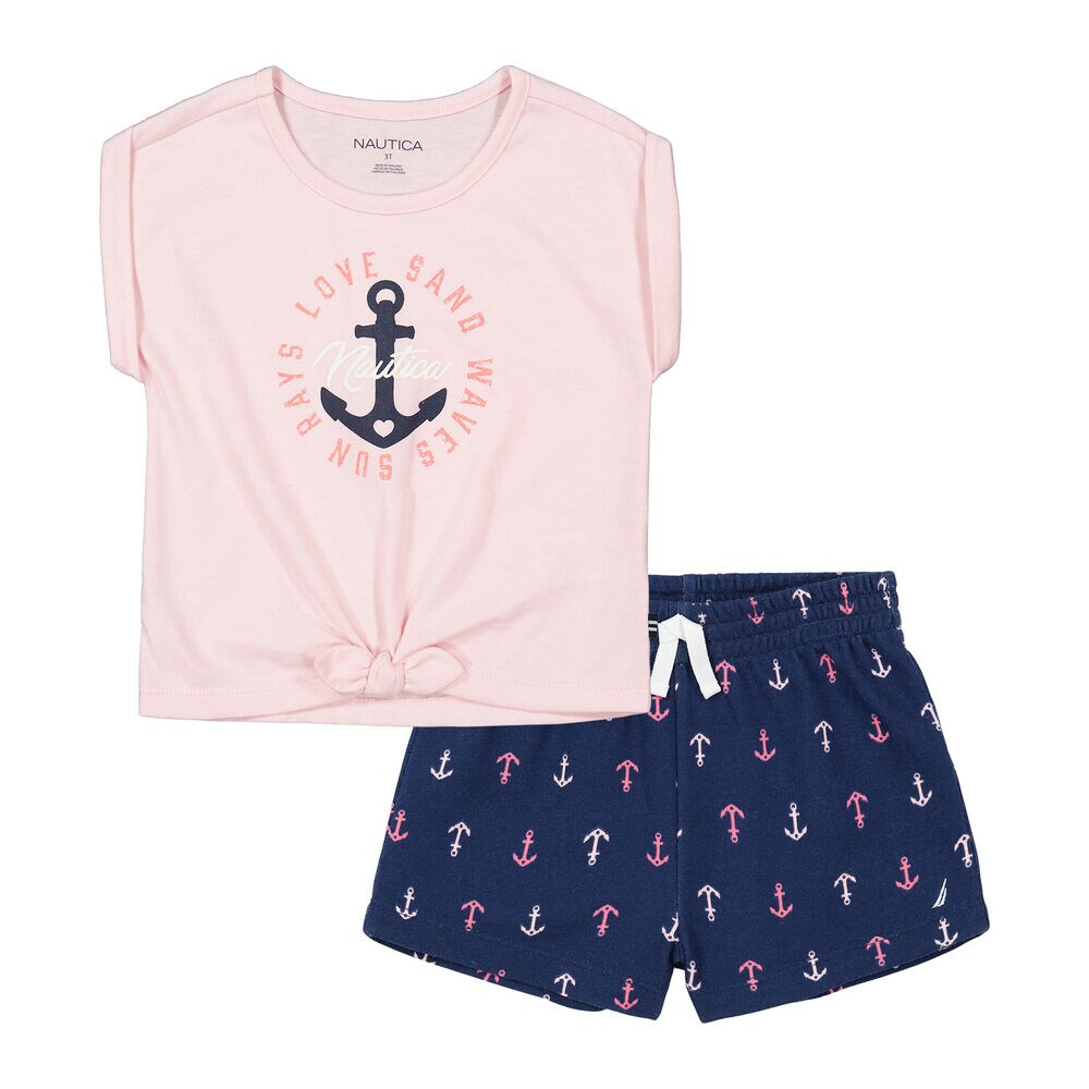 TODDLER GIRLS' T-SHIRT 2PC TERRY SHORT SET (2T-4T),Navy,large