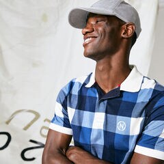 NAUTICA JEANS CO. OVERSIZED GINGHAM POLO,Navy,large