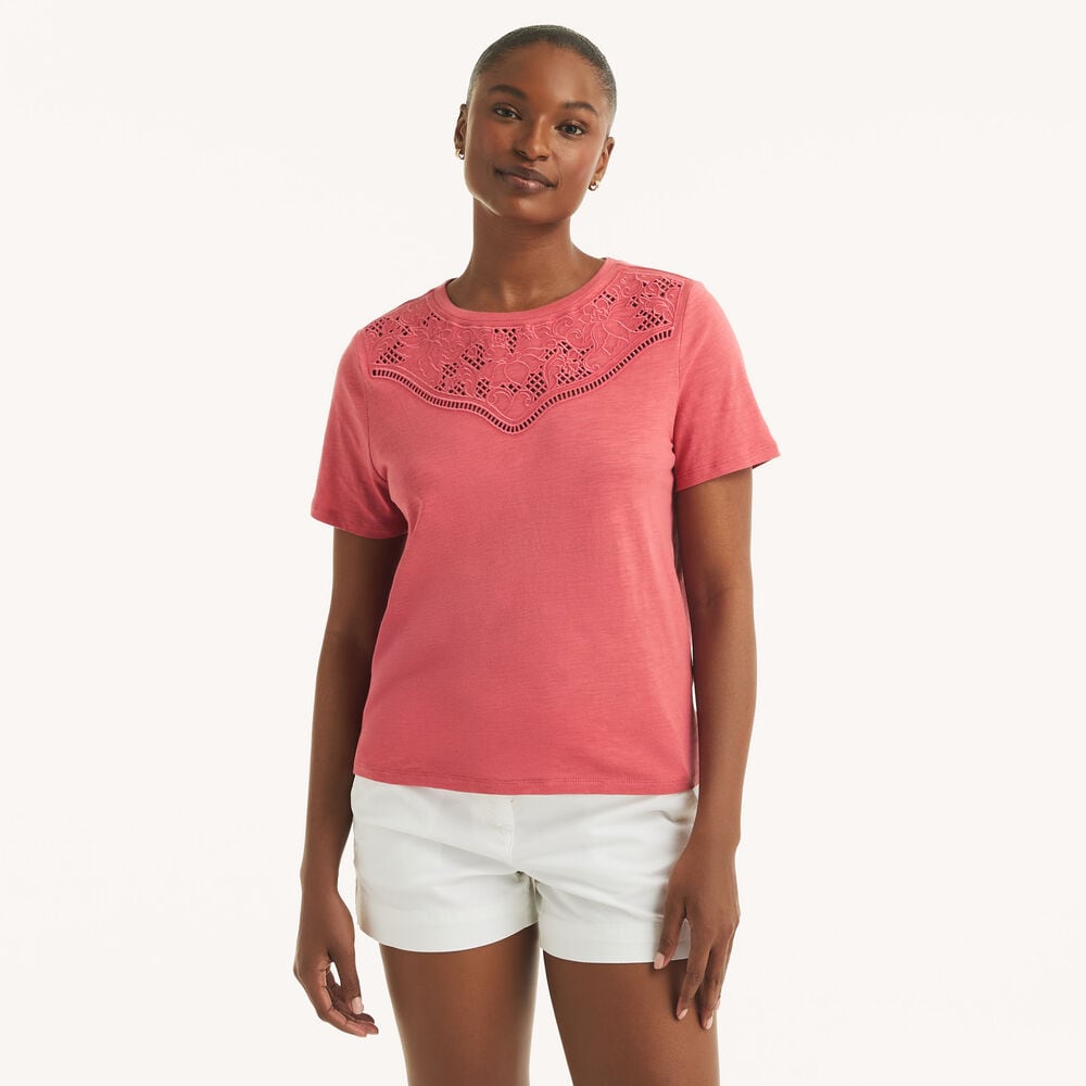Embroidered Crewneck T-Shirt,Classic Red,large