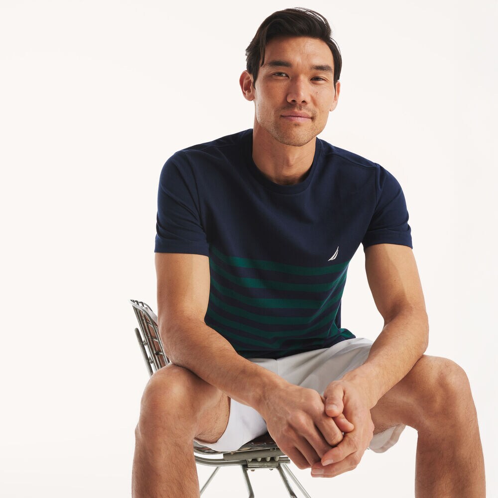 Striped Crewneck T-Shirt,Stellar Blue Heather,large