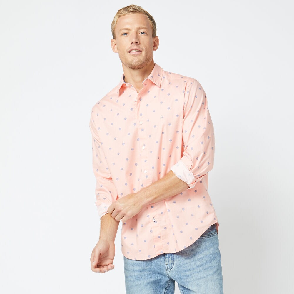 CLASSIC FIT LONG SLEEVE SHELL PRINT SHIRT,Peach Glow,large