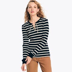 Striped Long-Sleeve Rib-Knit Top,Stellar Blue Heather,large