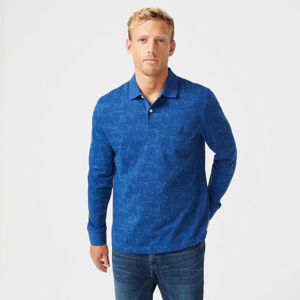 CLASSIC FIT LEAF PRINT LONG-SLEEVE POLO,Pure Adriatic Sea Wash,large