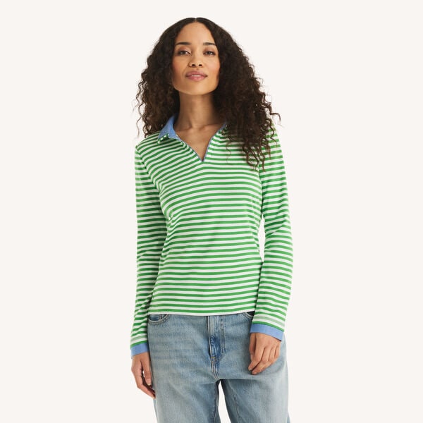 Double-Collar Striped Long-Sleeve Shirt