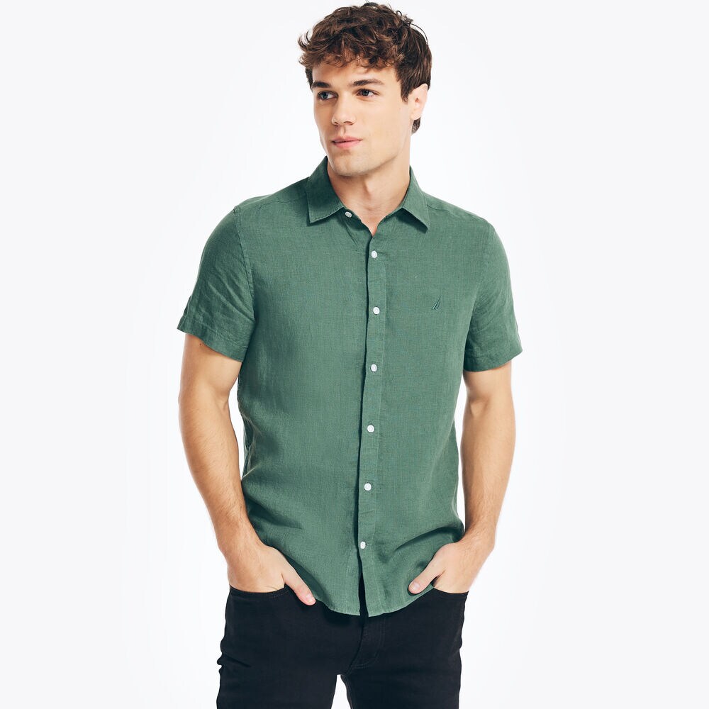 SUSTAINABLY CRAFTED LINEN SHORT-SLEEVE SHIRT,Lakeside Green,large