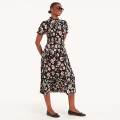Floral Print Smocked Dress,True Black,large