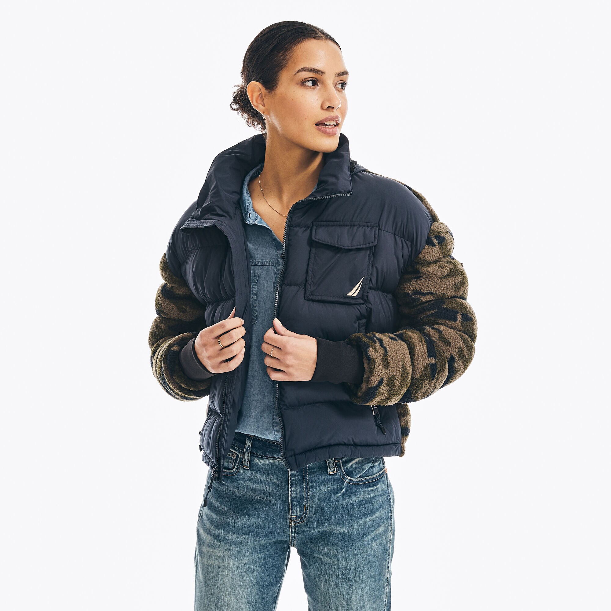 CAMOUFLAGE MIXED MEDIA FAUX SHEARLING JACKET,Navy,large