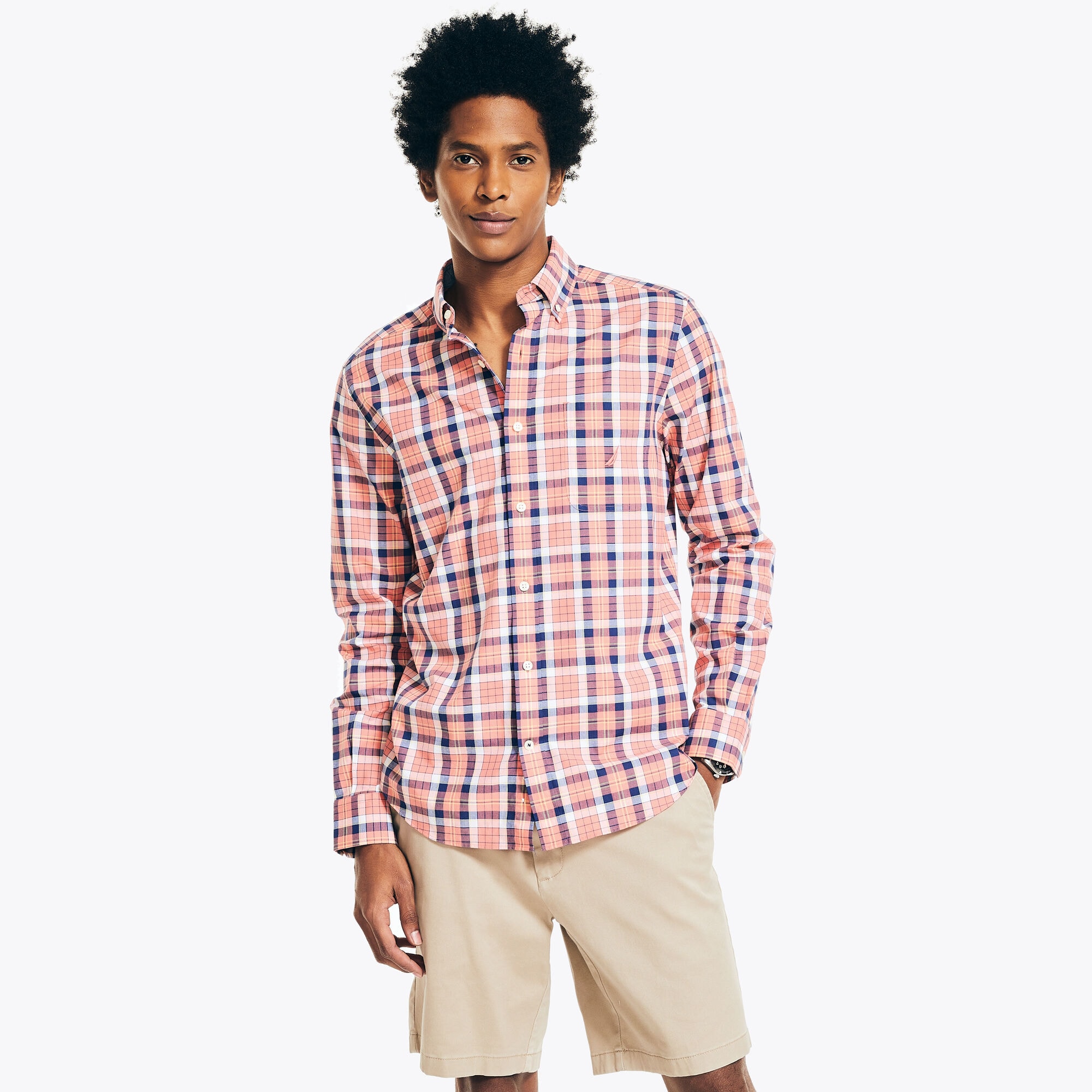 PLAID POPLIN SHIRT,Coral Dream,large