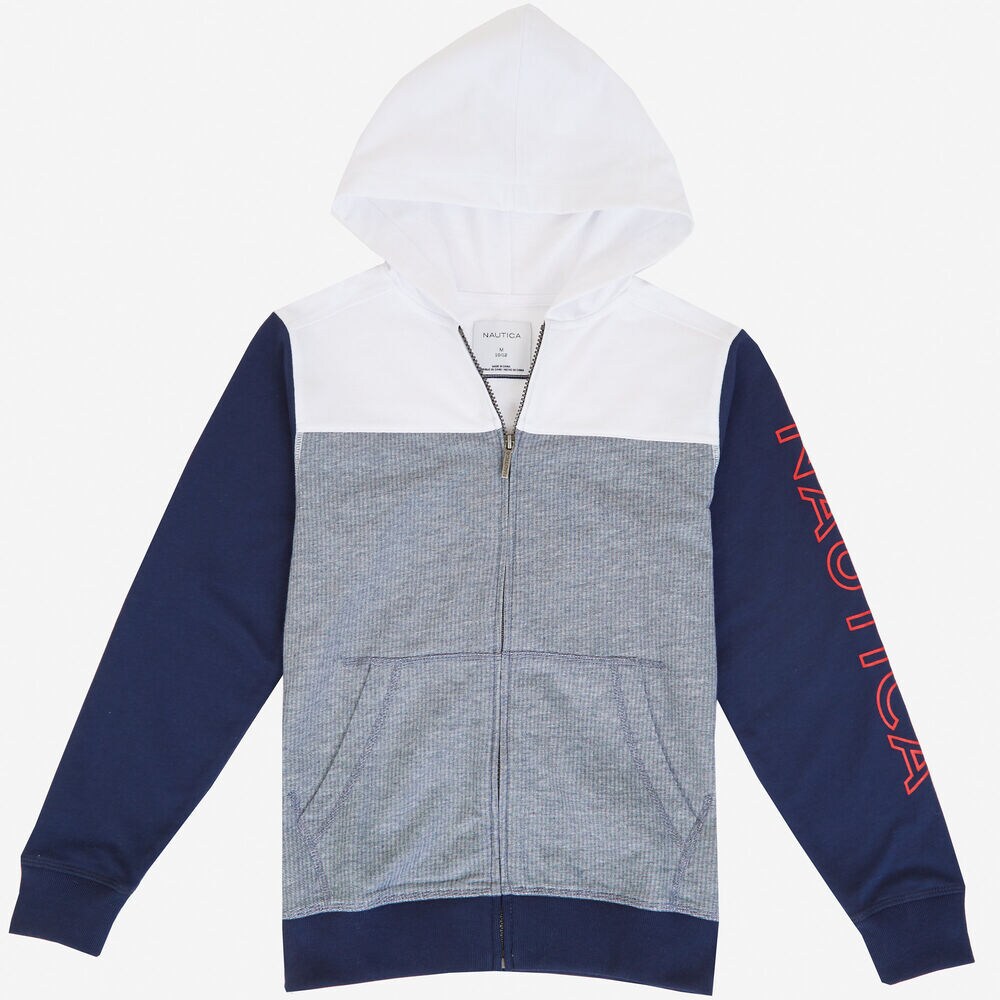 Boys' Color Block Full-Zip Hoodie (8-16),Antique White Wash,large