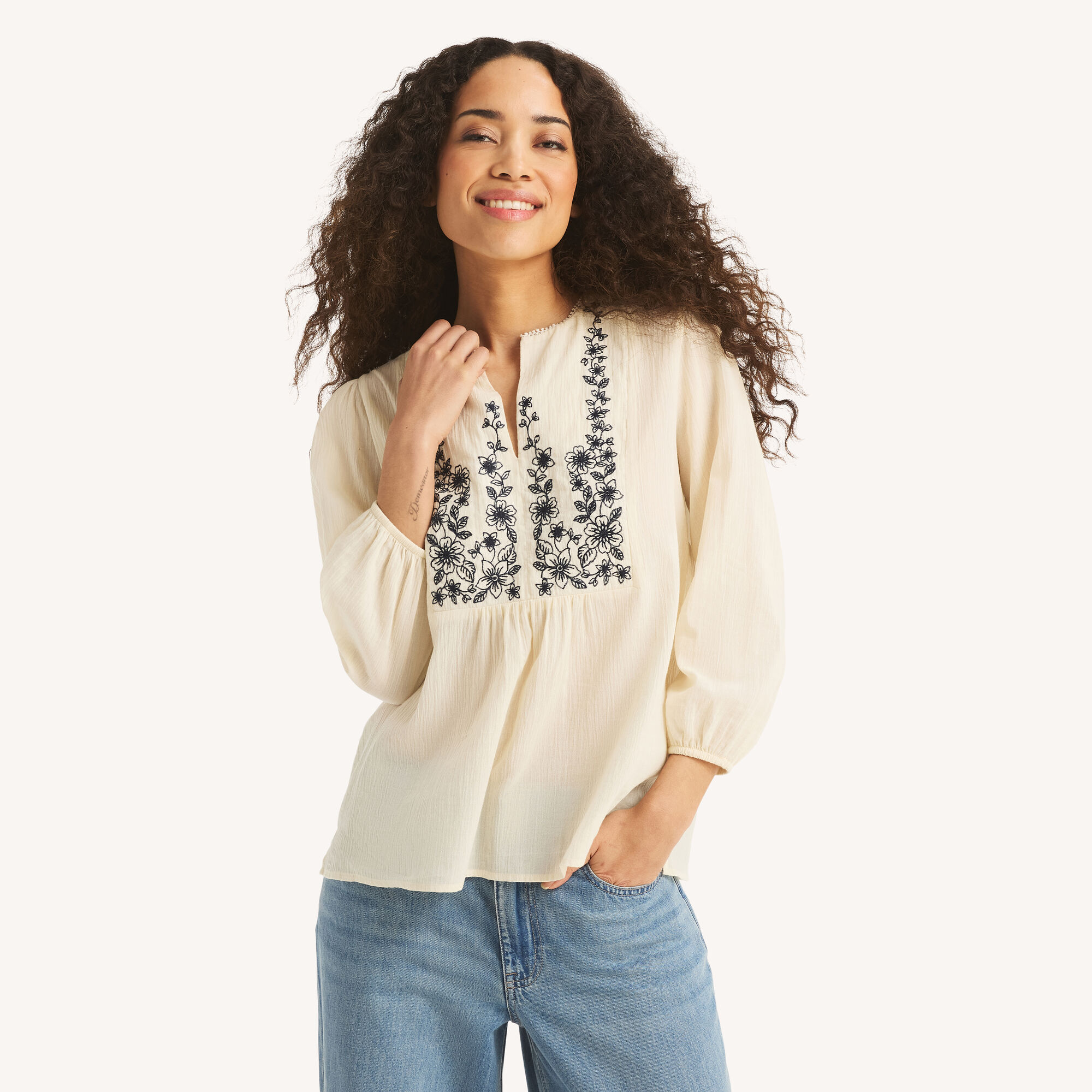 Embroidered Popover Top,Sail Cream,large