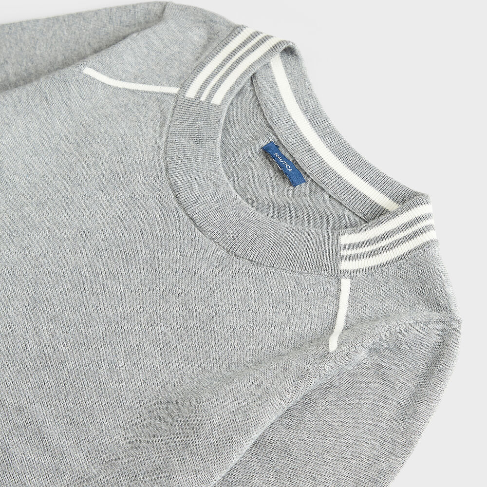 STRIPED-TRIM SWEATER,Quarry Heather,large