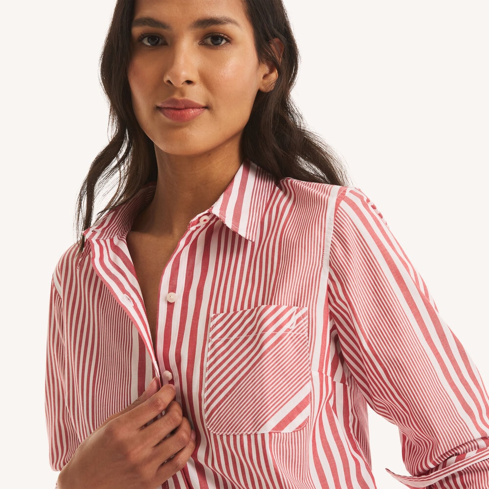 Striped Button-Up Shirt,Biking Red,large
