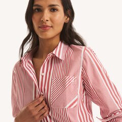 Striped Button-Up Shirt,Biking Red,large