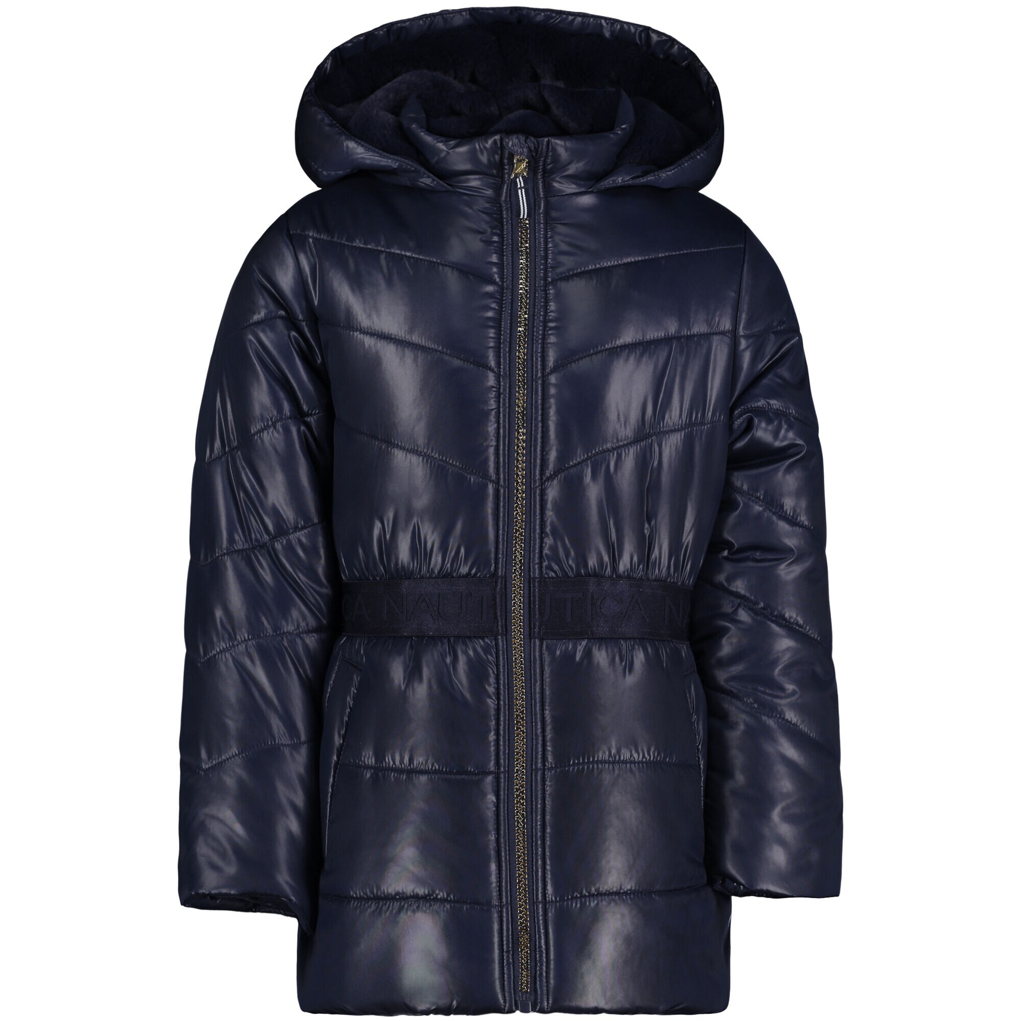 Girls' Cinch Waist Puffer Coat (7-16),Navy,large