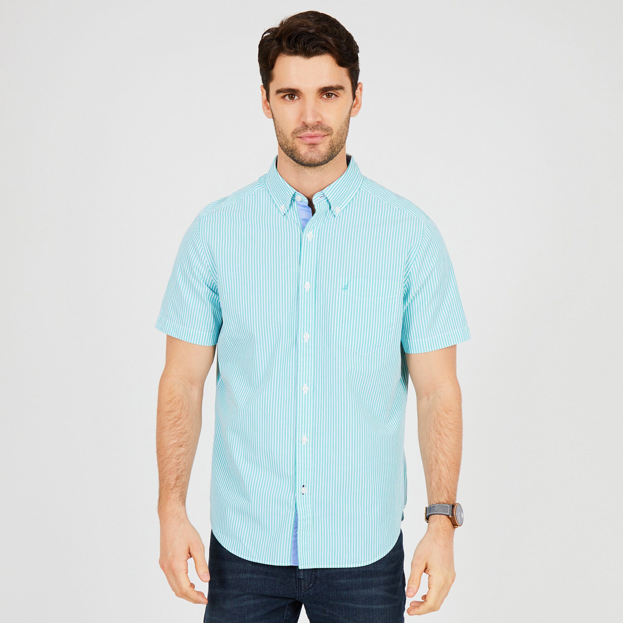 Classic Fit Stripe Short Sleeve Button Down,Mint Spring,large