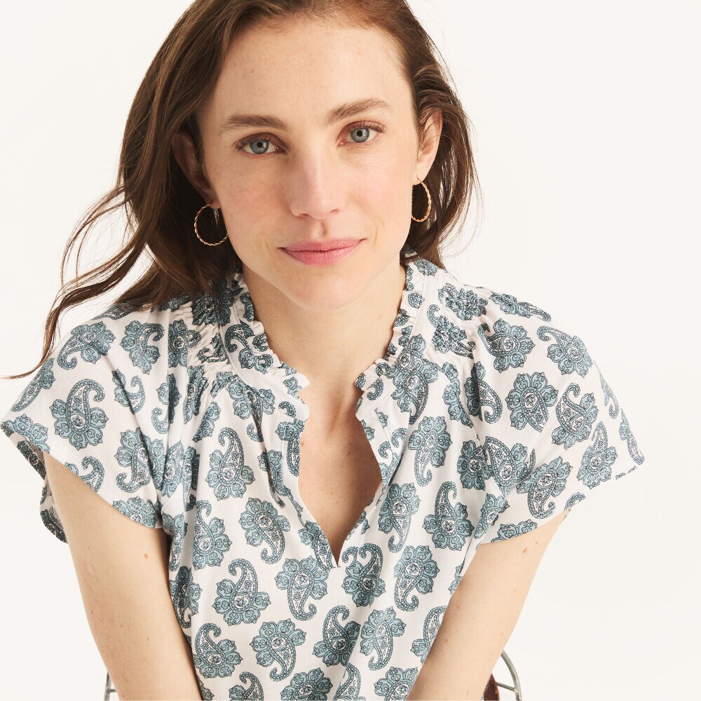 Printed Ruffle Popover Top,Bright White,large