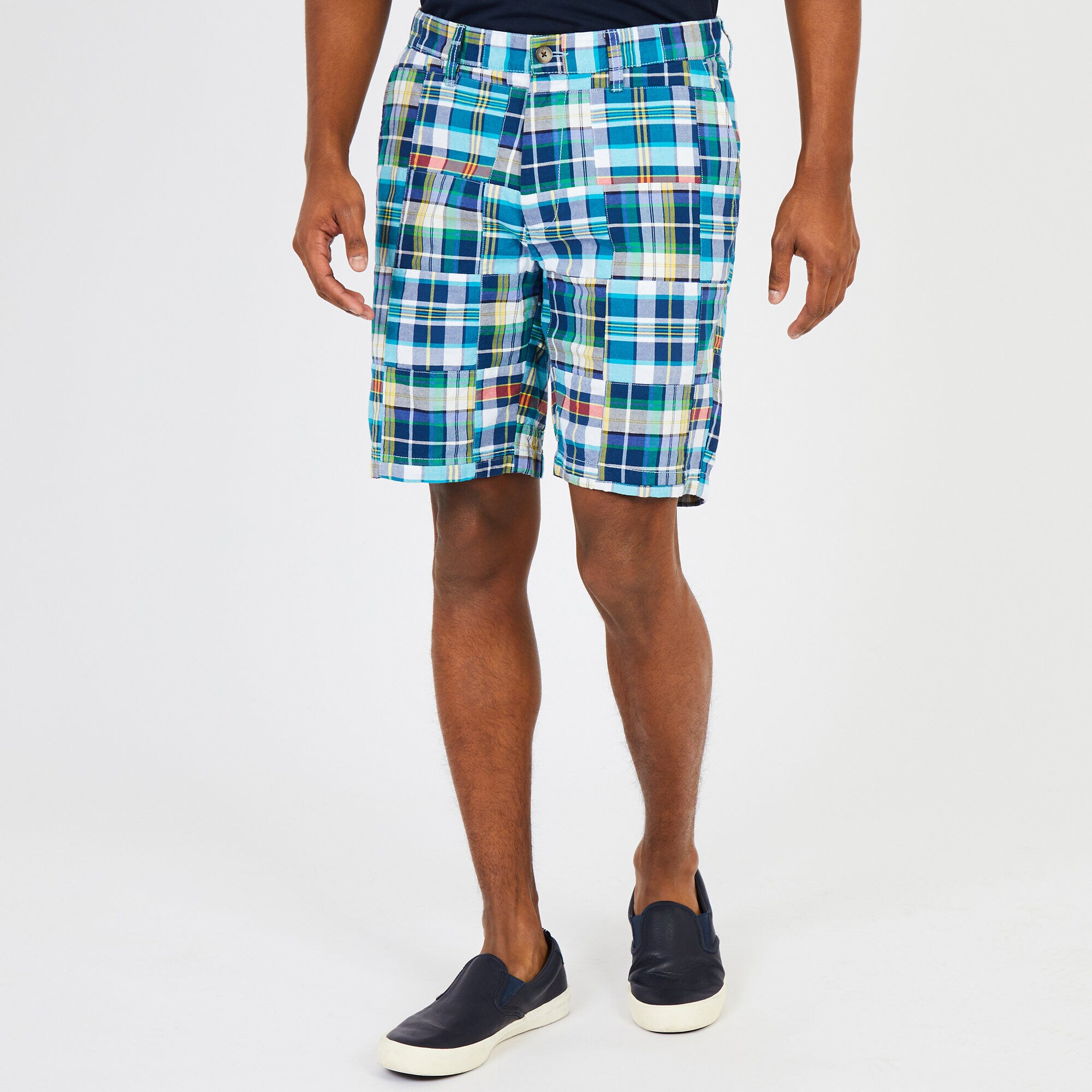 Flat Front Madras Walking Shorts - 8.5" Inseam,Azure Blue,large